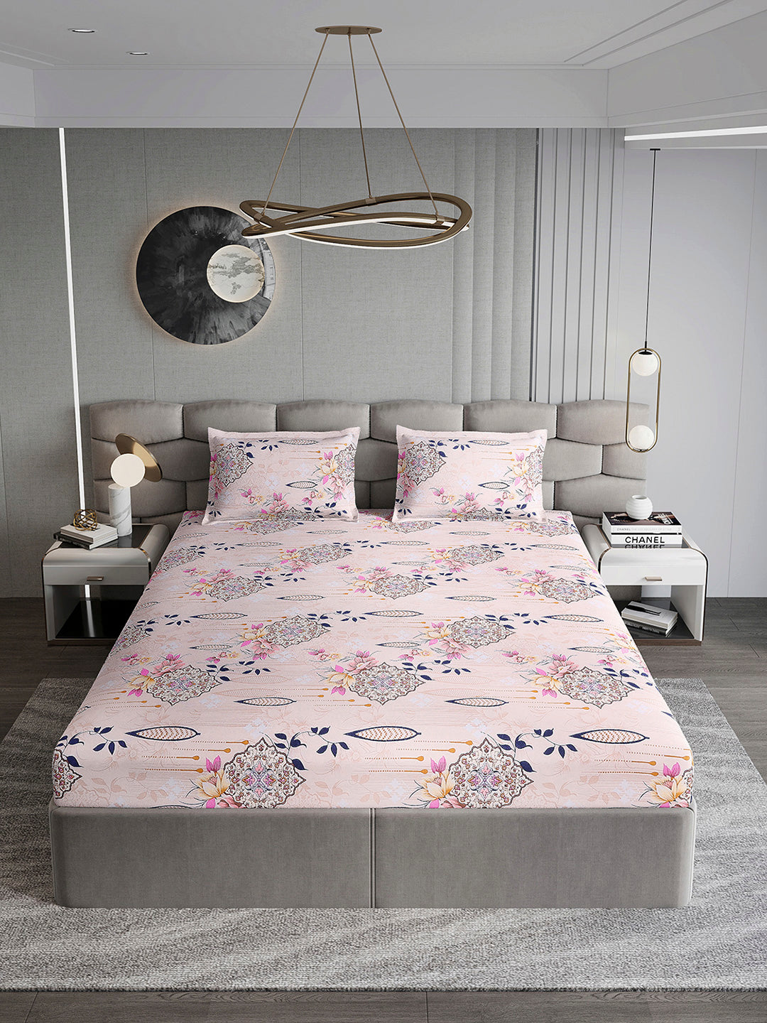 254 GSM Micro King Fitted Bed 1 Fitted Bedsheet with 2 Pillow Cover (Clare FT)