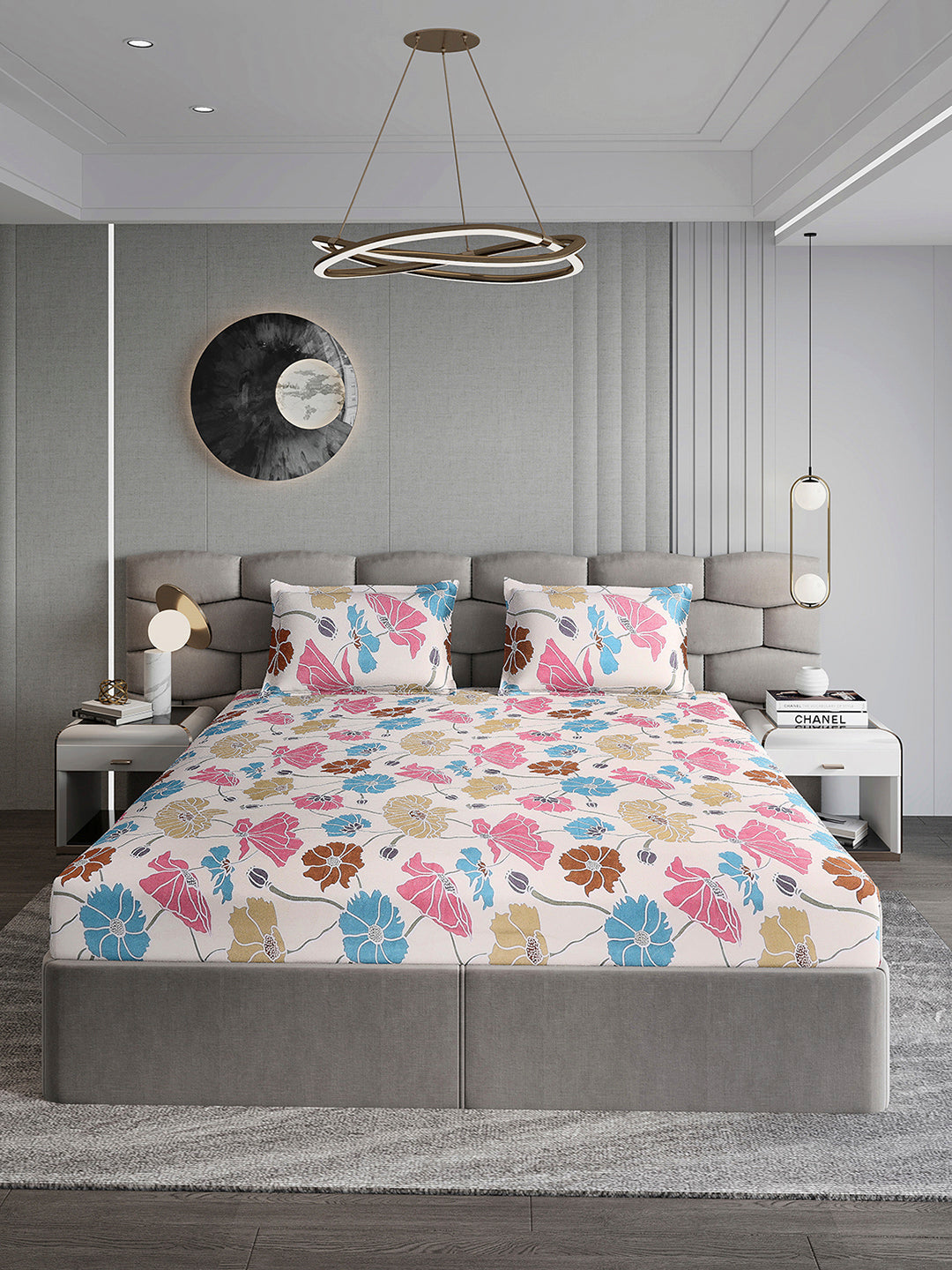 254 GSM Micro King Fitted Bed 1 Fitted Bedsheet with 2 Pillow Cover (Clare FT)