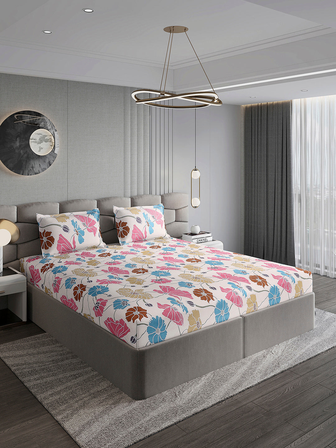 254 GSM Micro King Fitted Bed 1 Fitted Bedsheet with 2 Pillow Cover (Clare FT)