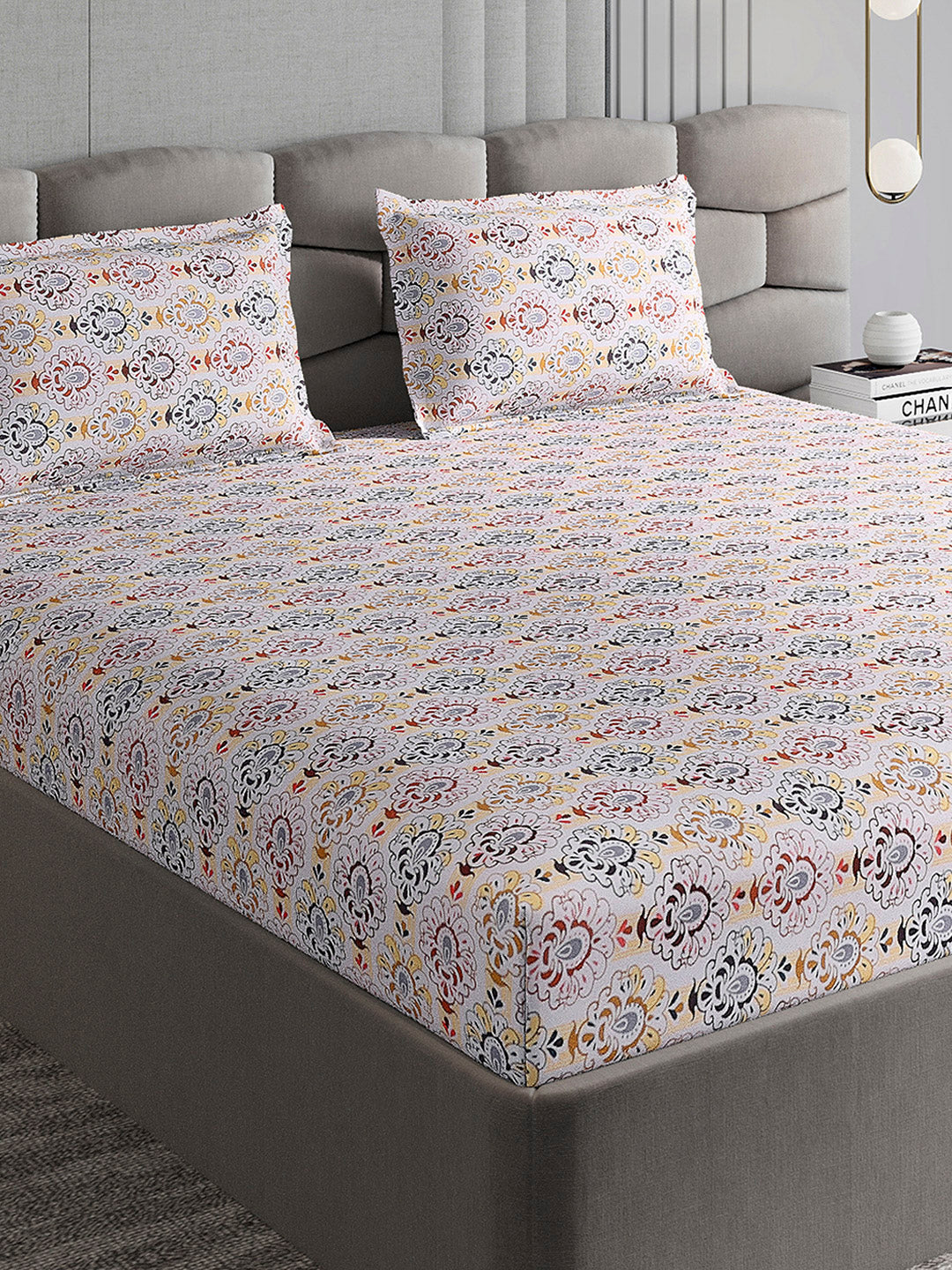 254 GSM Micro King Fitted Bed 1 Fitted Bedsheet with 2 Pillow Cover (Clare FT)