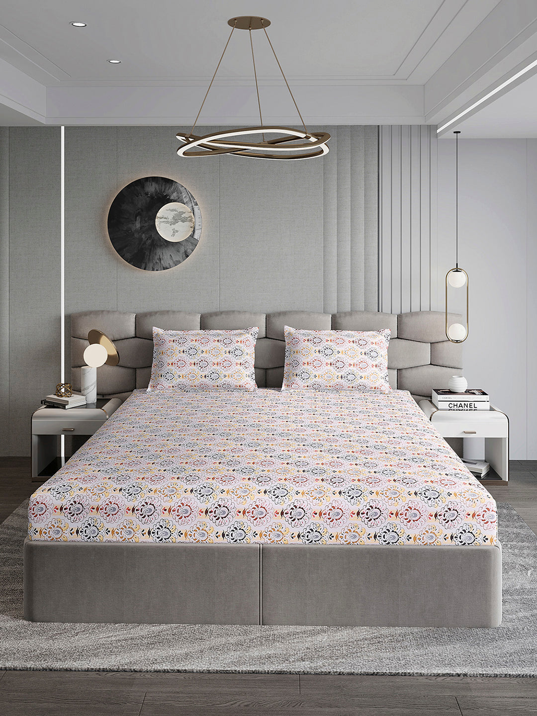 254 GSM Micro King Fitted Bed 1 Fitted Bedsheet with 2 Pillow Cover (Clare FT)