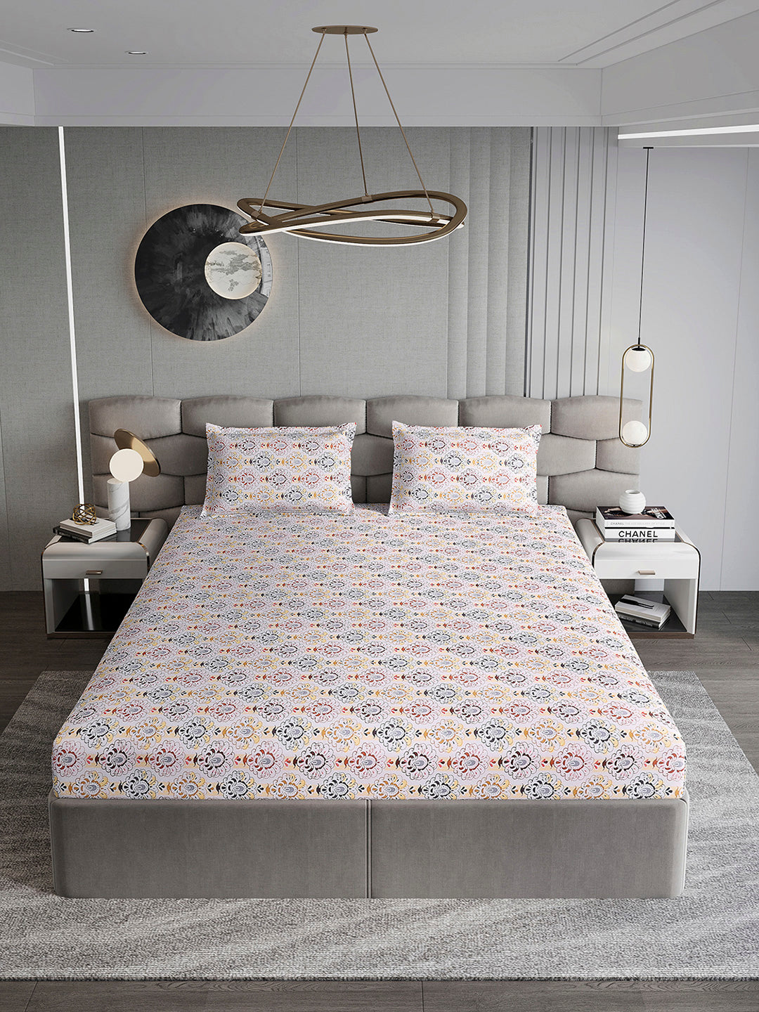 254 GSM Micro King Fitted Bed 1 Fitted Bedsheet with 2 Pillow Cover (Clare FT)