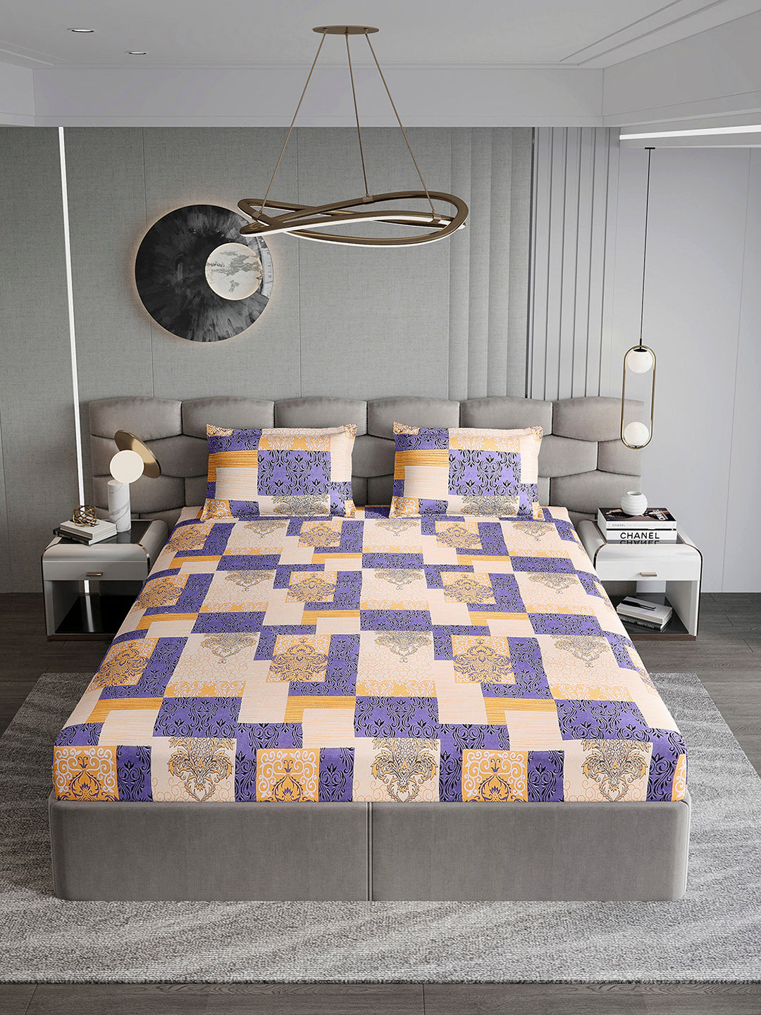 254 GSM Micro King Fitted Bed 1 Fitted Bedsheet with 2 Pillow Cover (Clare FT)