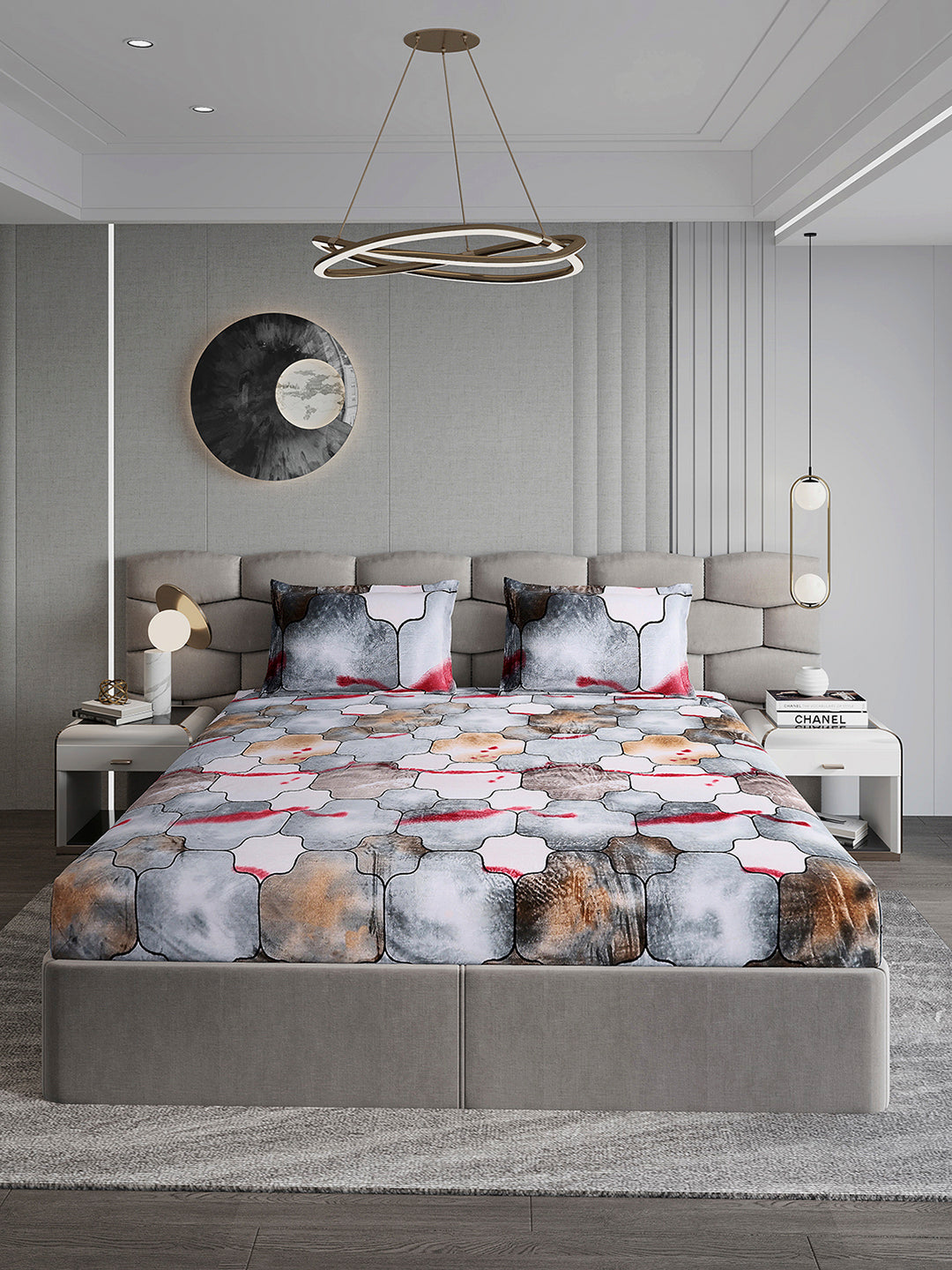 374 GSM Polyester Double Bed 1 Bedsheet with 2 Pillow Cover (Impression)