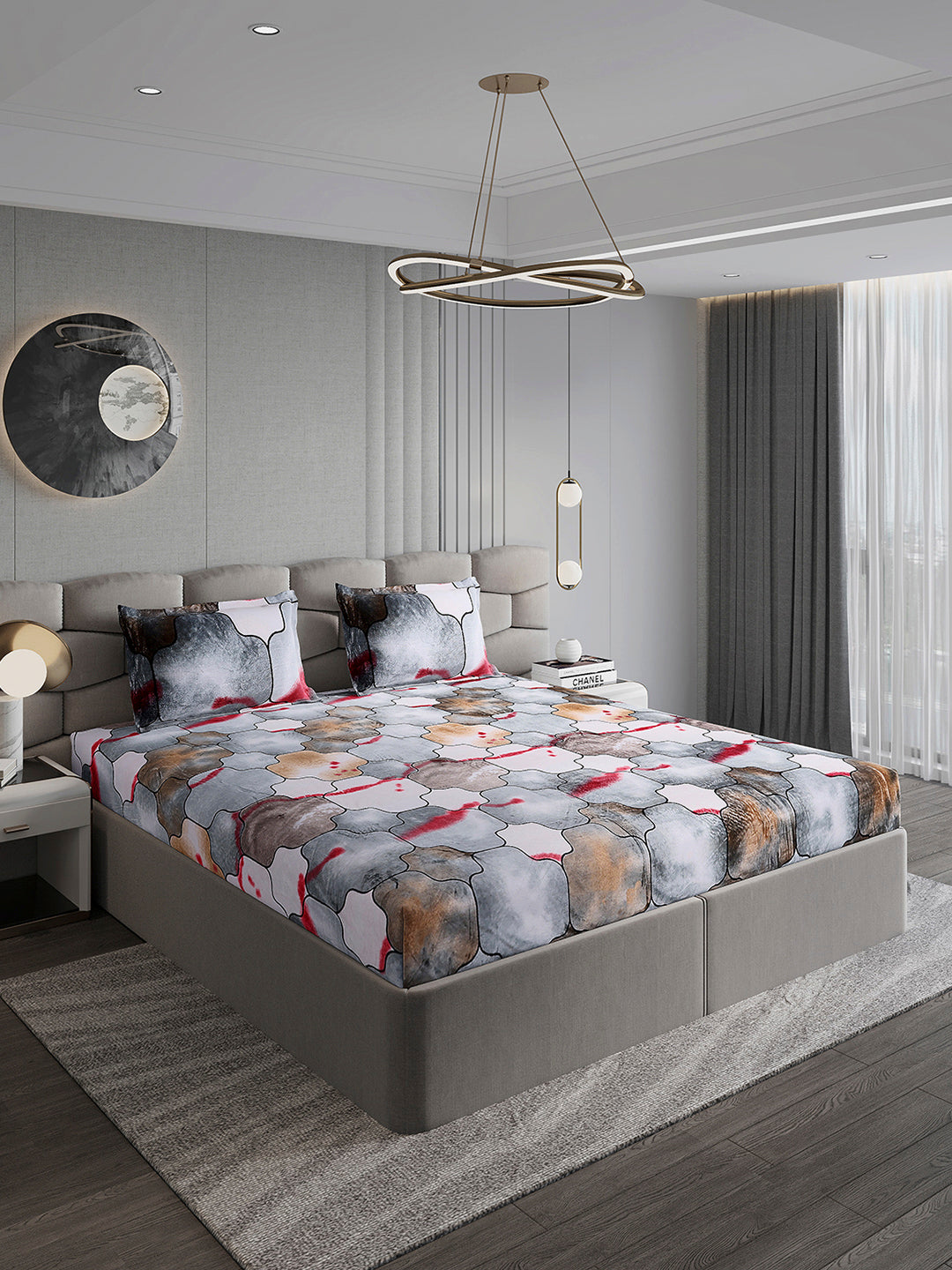 374 GSM Polyester Double Bed 1 Bedsheet with 2 Pillow Cover (Impression)