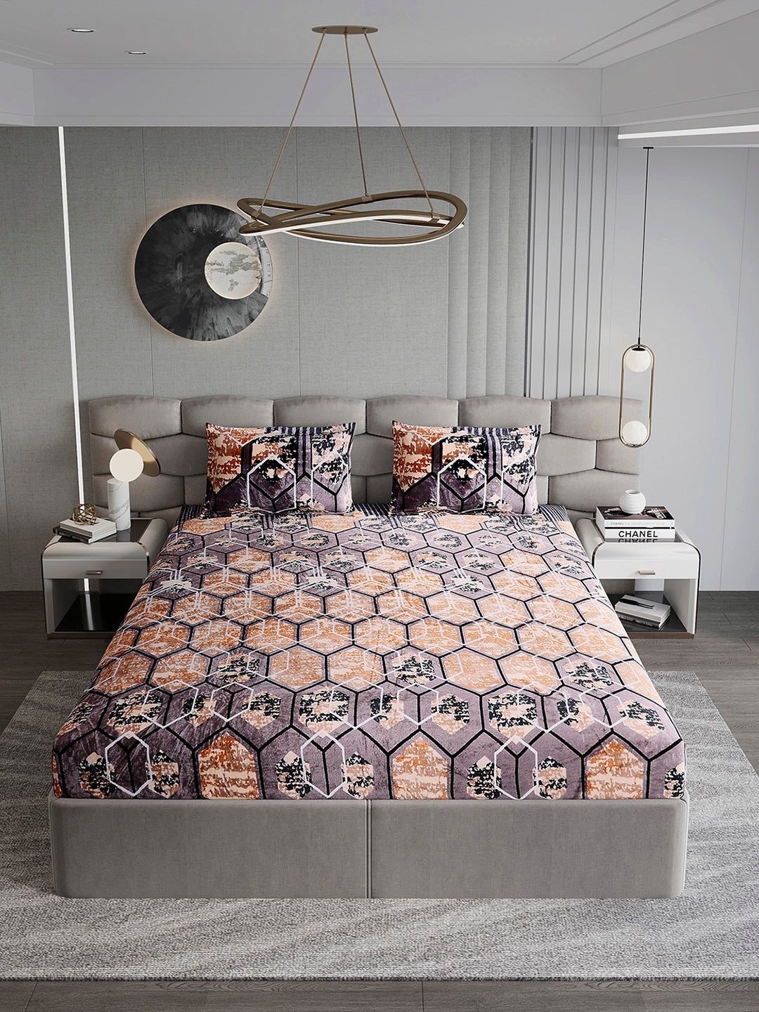 374 GSM Polyester Double Bed 1 Bedsheet with 2 Pillow Cover (Impression)