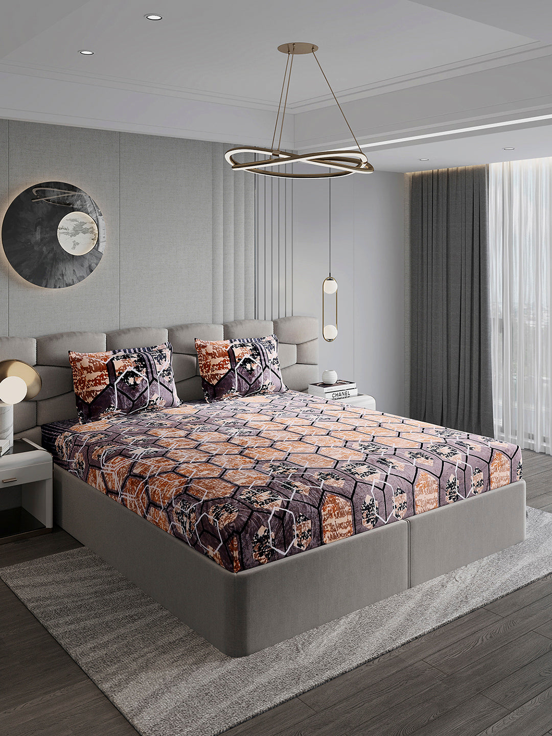 374 GSM Polyester Double Bed 1 Bedsheet with 2 Pillow Cover (Impression)