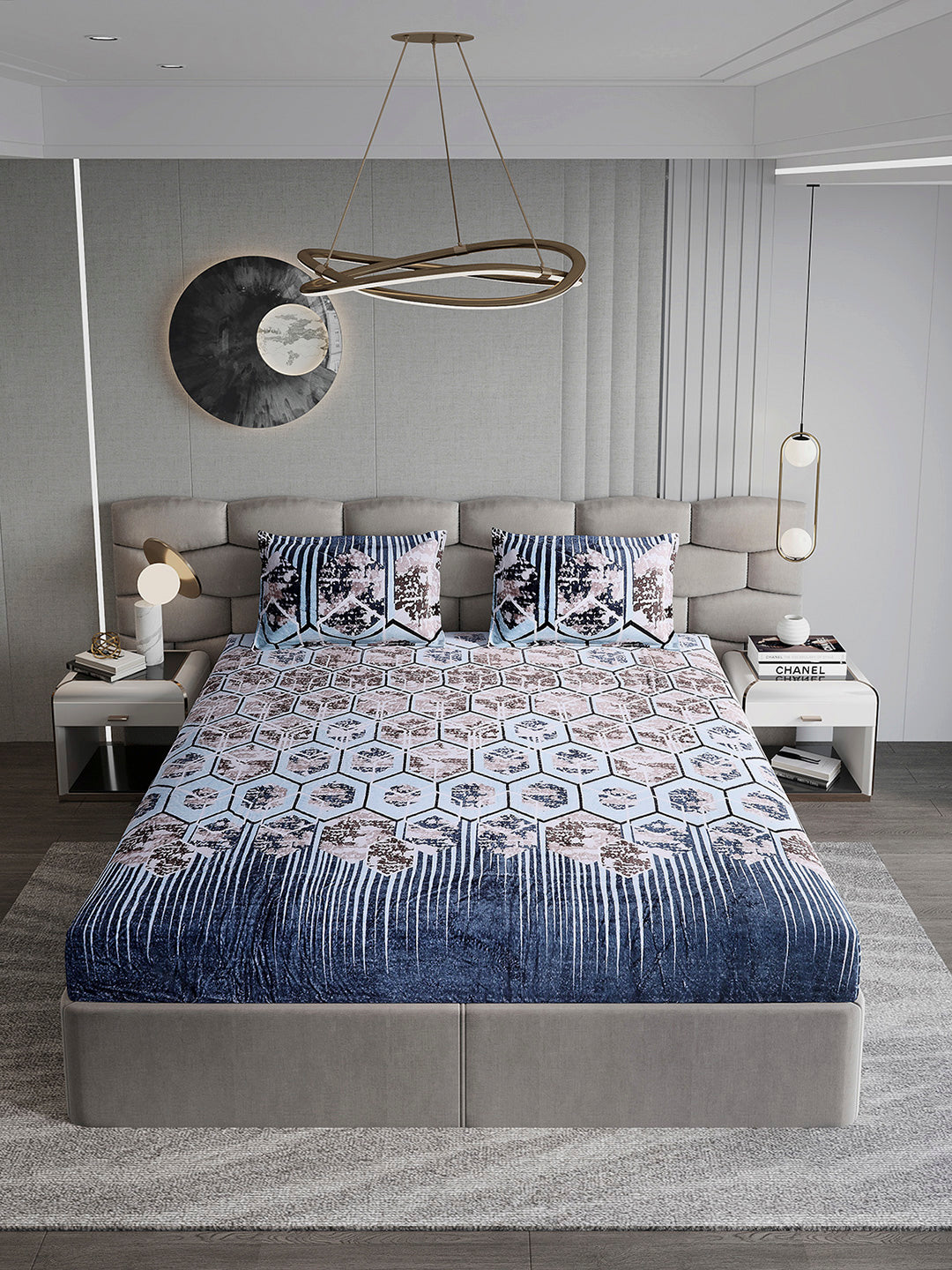 374 GSM Polyester Double Bed 1 Bedsheet with 2 Pillow Cover (Impression)