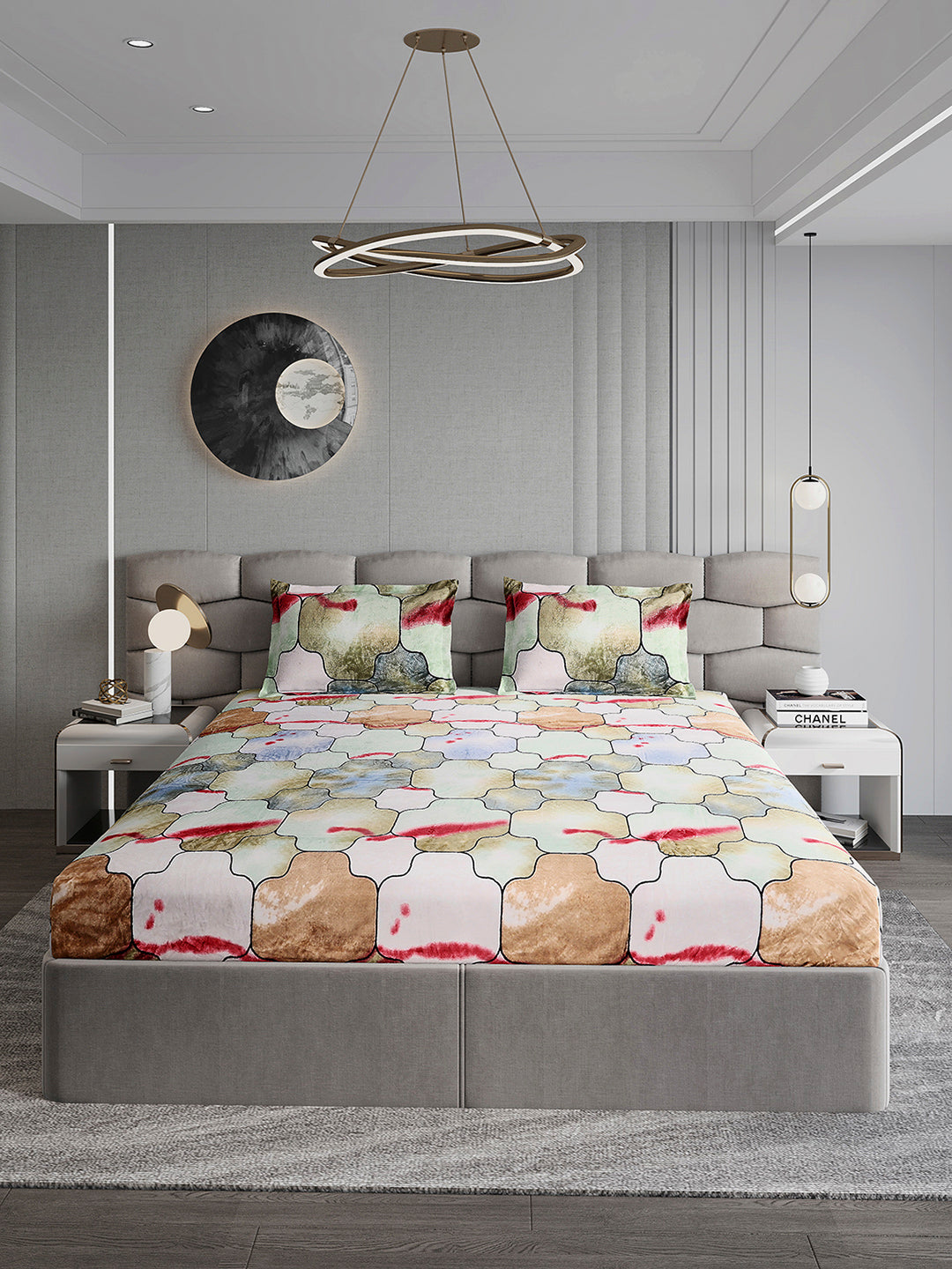 374 GSM Polyester Double Bed 1 Bedsheet with 2 Pillow Cover (Impression)