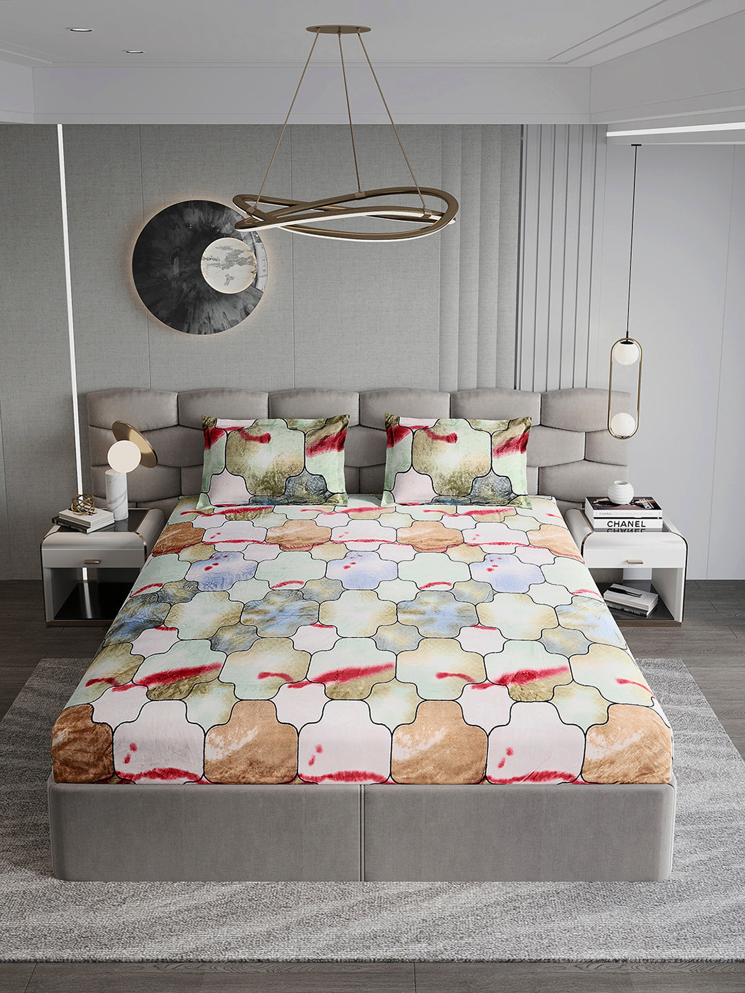 374 GSM Polyester Double Bed 1 Bedsheet with 2 Pillow Cover (Impression)