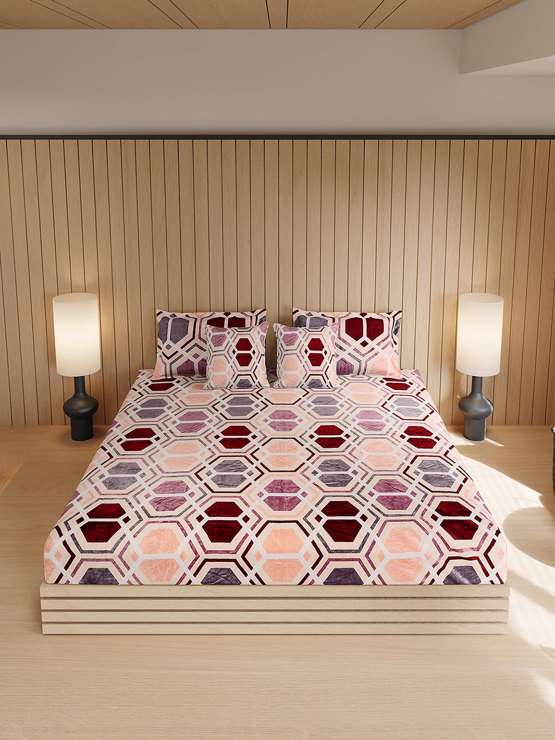 487 GSM 100% Polyester Double Bed 1 Bedsheet, 2 Pillow Cover & 2 Cushion Case (Pristine 4 Pcs Set)