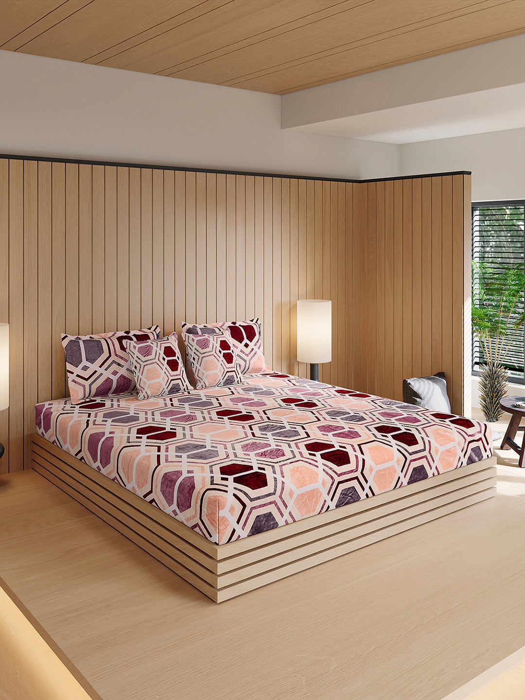 487 GSM 100% Polyester Double Bed 1 Bedsheet, 2 Pillow Cover & 2 Cushion Case (Pristine 4 Pcs Set)