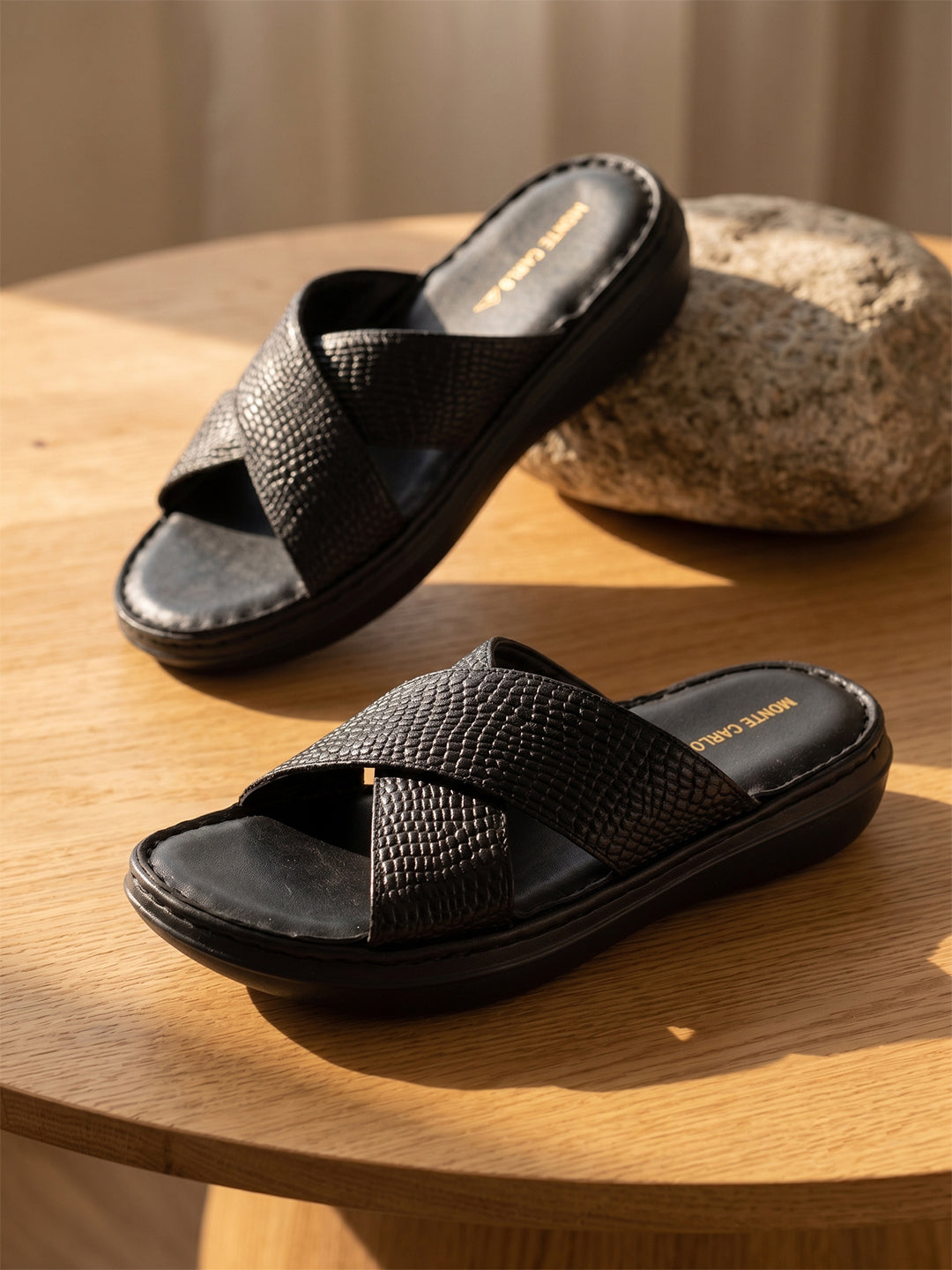 Monte Carlo Black Slip on Genuine Leather Comfort Sandals for Men