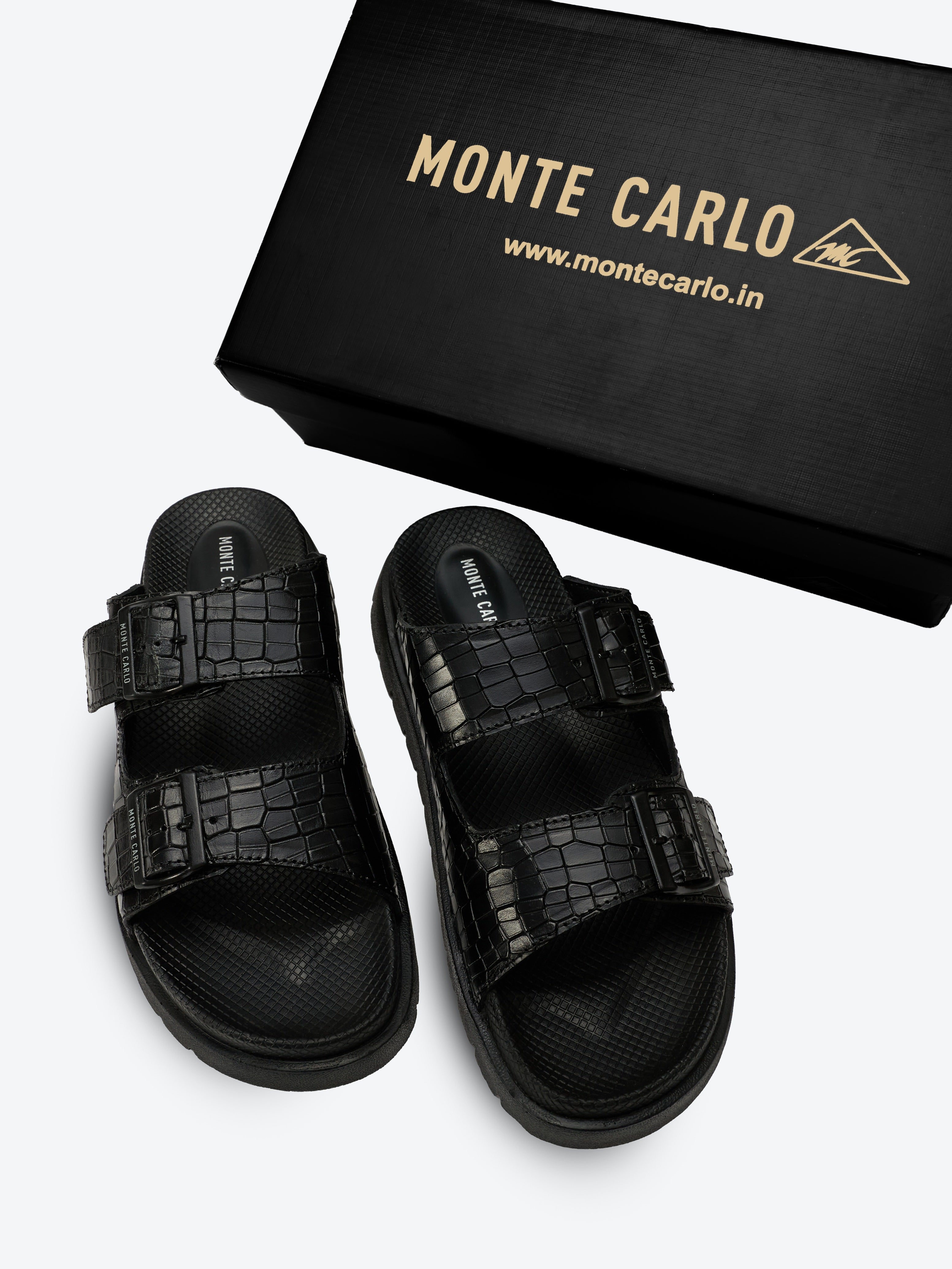 Monte Carlo Men's Croc-Textured Double-Strap Slide Sandals Adjustable Buckle Comfort Footwear