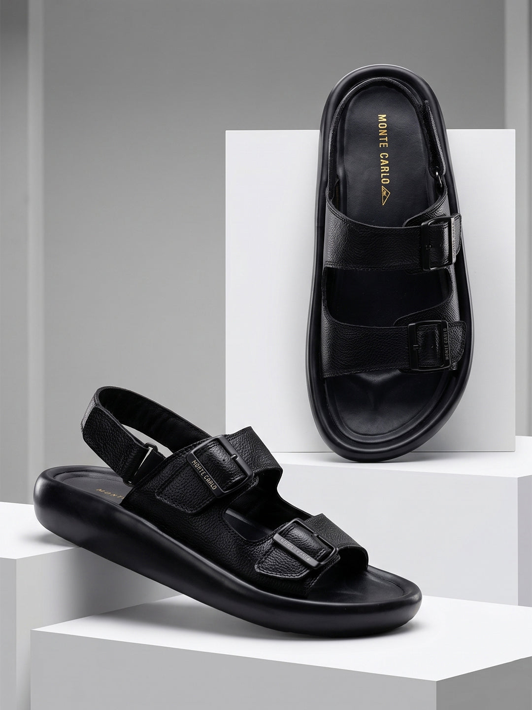 Monte Carlo Black Velcro Genuine Leather Comfort Sandals for Men