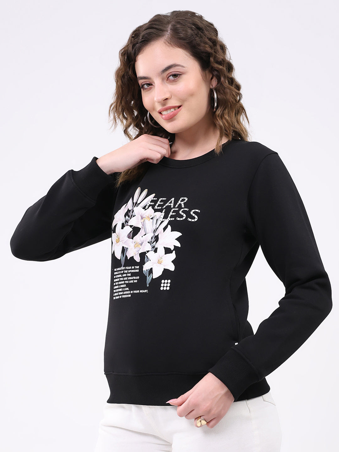 Rock.it Women Black Printed Round Neck Full Sleeve Sweatshirt