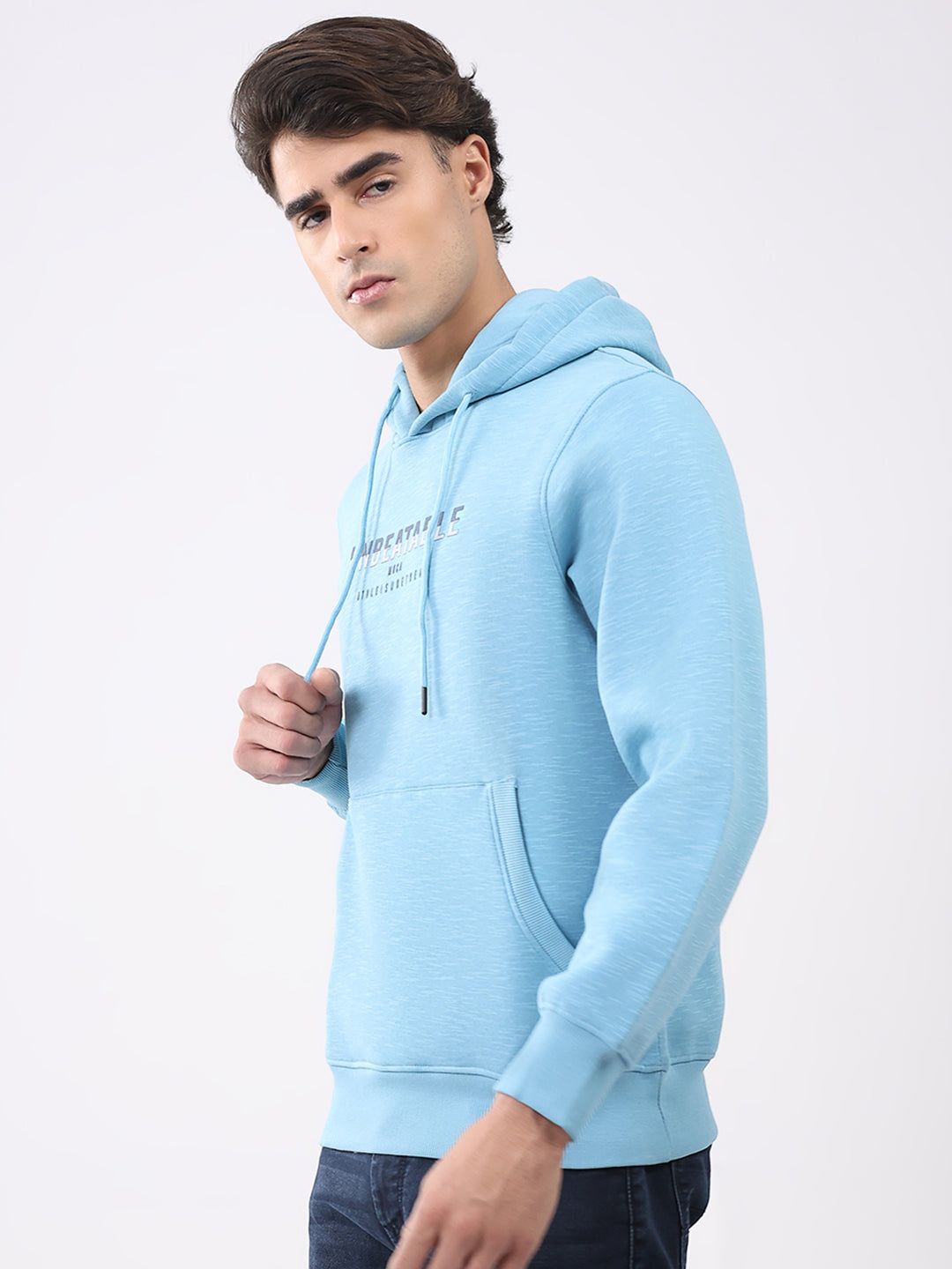 Men Aqua Blue Solid Hooded Full Sleeve Sweatshirt