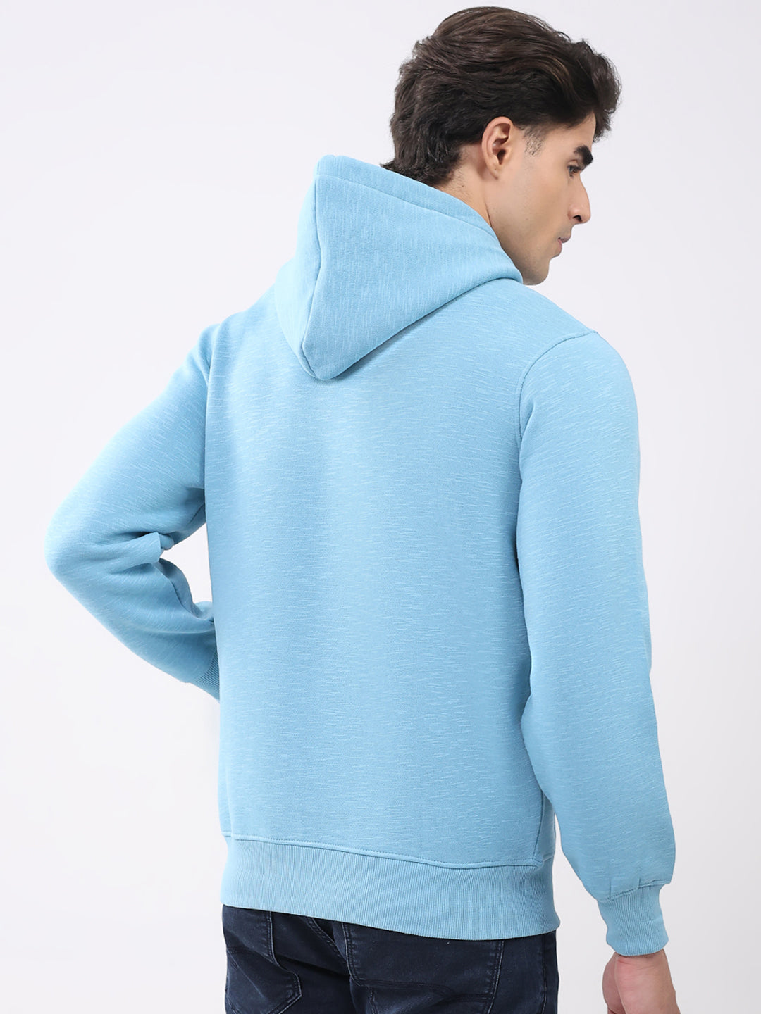 Men Aqua Blue Solid Hooded Full Sleeve Sweatshirt