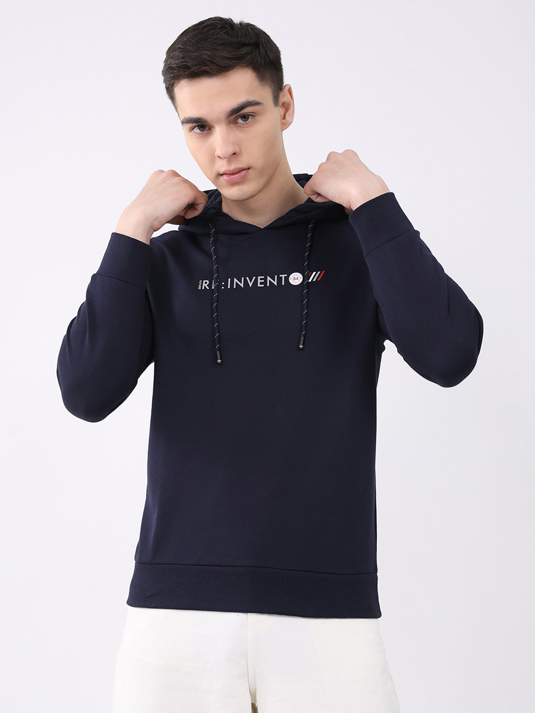 Men Navy Blue Solid Hooded Full Sleeve Sweatshirt