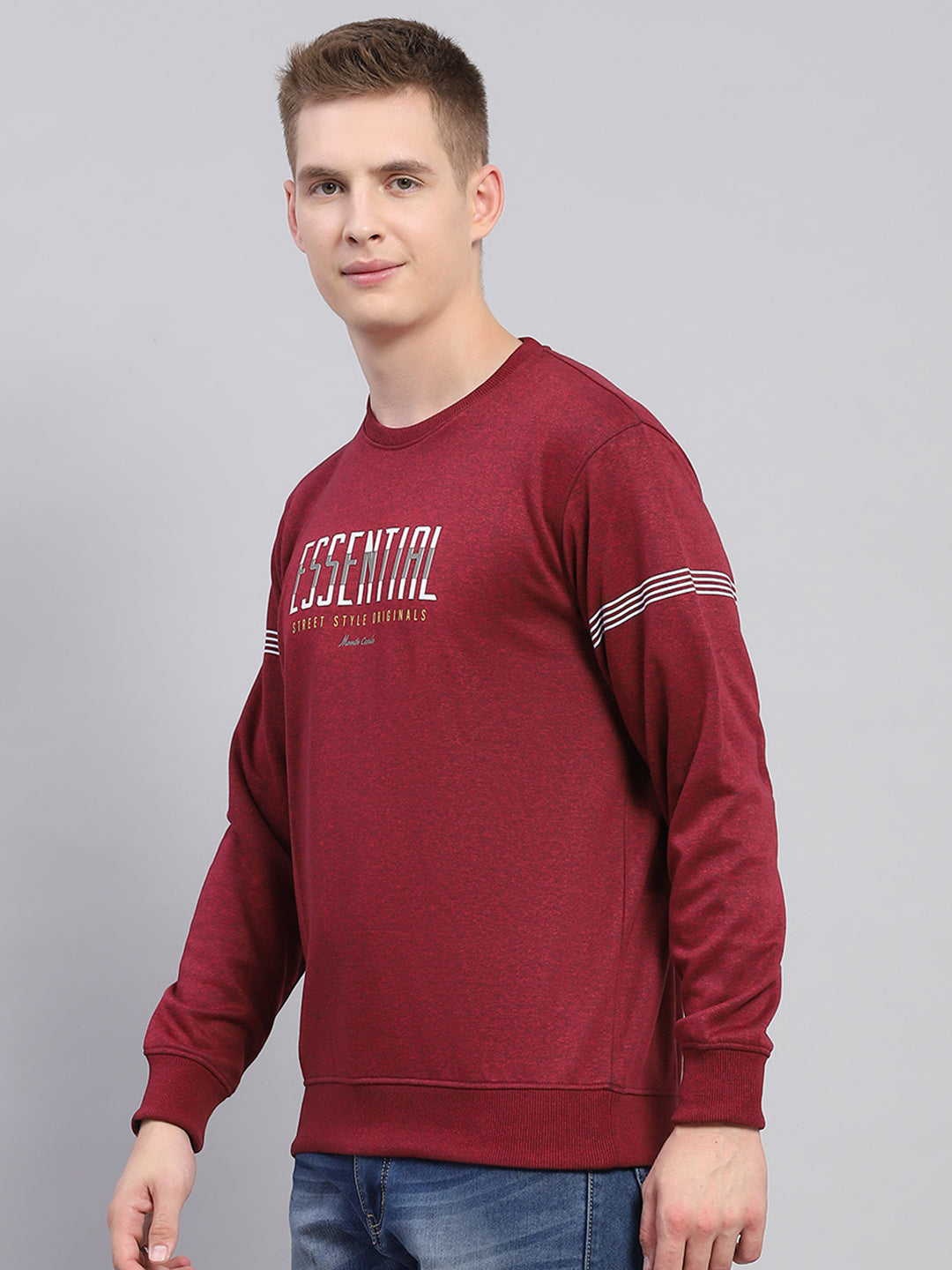 Men Maroon Printed Round Neck Full Sleeve Winter T-Shirt