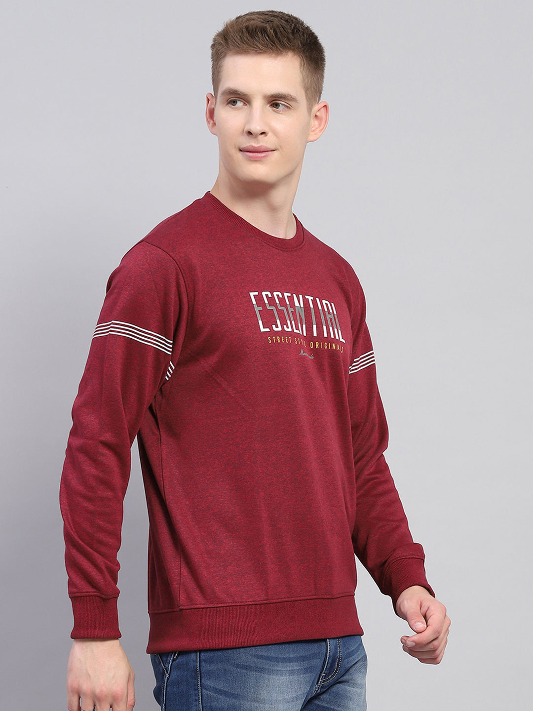 Men Maroon Printed Round Neck Full Sleeve Winter T-Shirt
