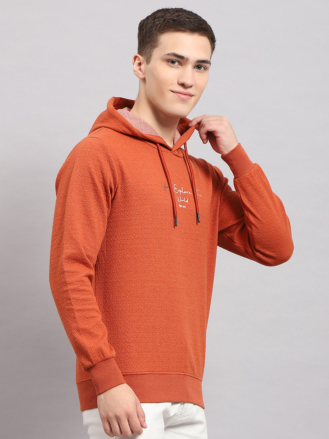 Men Rust Printed Hooded Full Sleeve T-Shirt