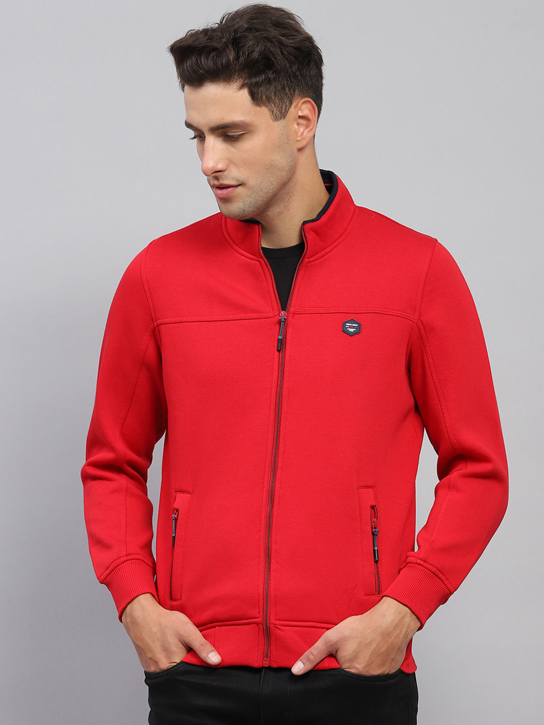 Men Red Solid Mock Neck Full Sleeve Sweatshirt