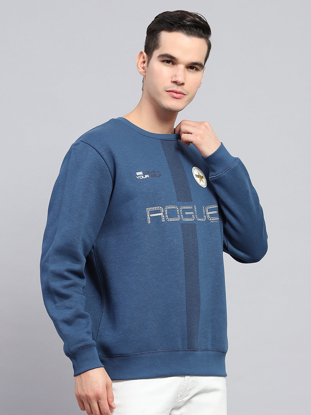 Men Blue Printed Round Neck Full Sleeve Sweatshirt