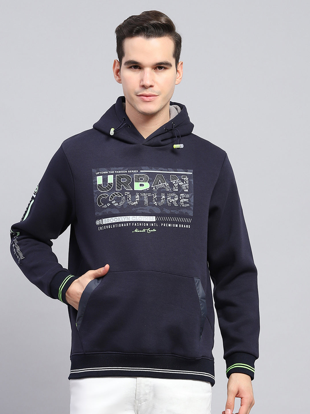 Men Navy Blue Printed Hooded Full Sleeve Sweatshirt