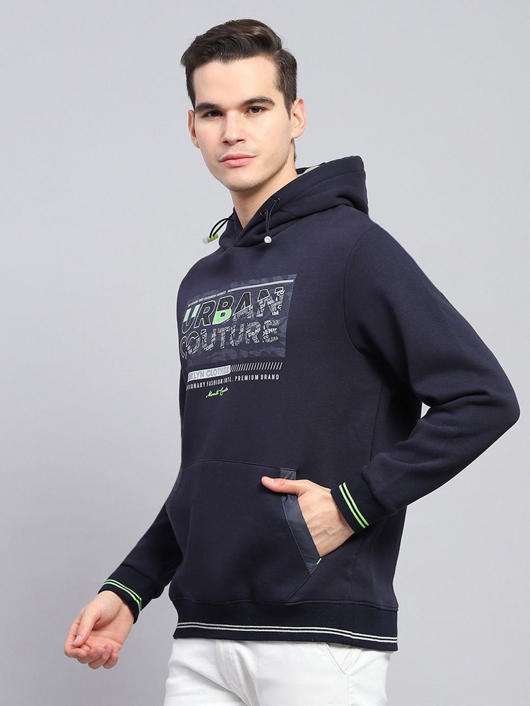 Men Navy Blue Printed Hooded Full Sleeve Sweatshirt