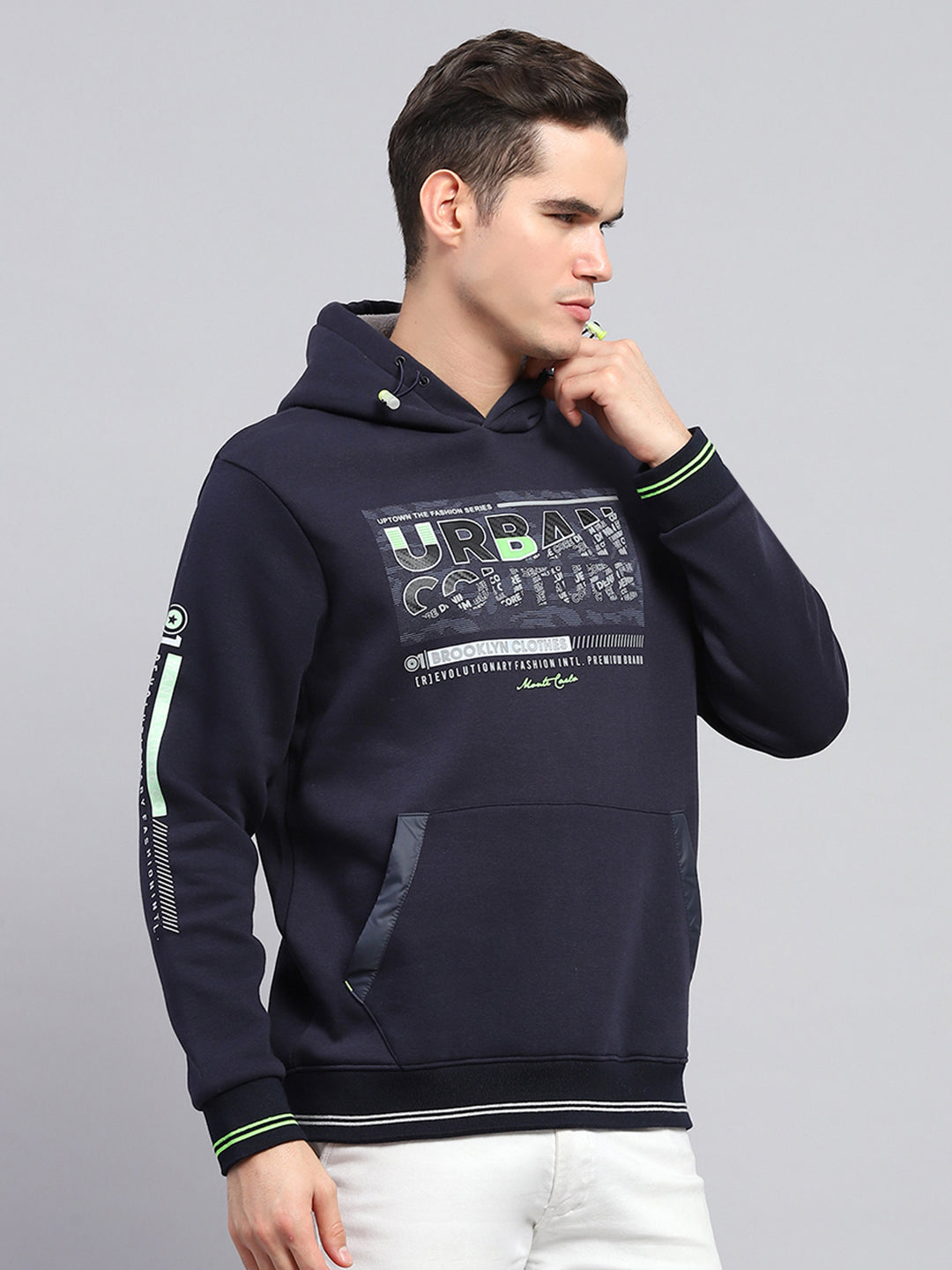 Men Navy Blue Printed Hooded Full Sleeve Sweatshirt