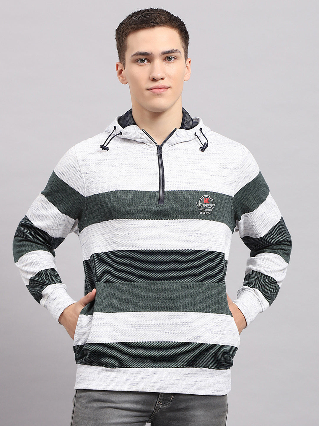 Men Green Stripe Hooded Full Sleeve Sweatshirt