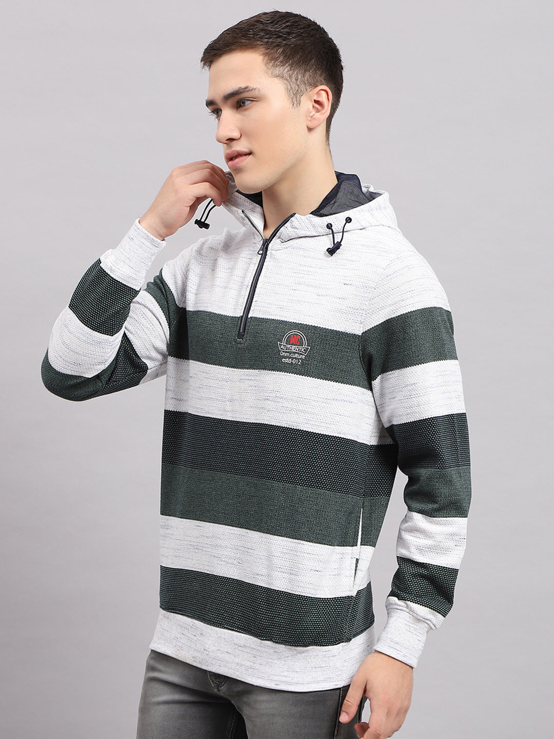 Men Green Stripe Hooded Full Sleeve Sweatshirt