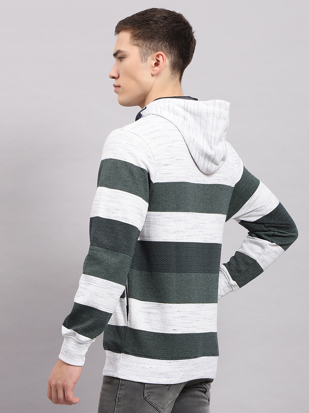 Men Green Stripe Hooded Full Sleeve Sweatshirt