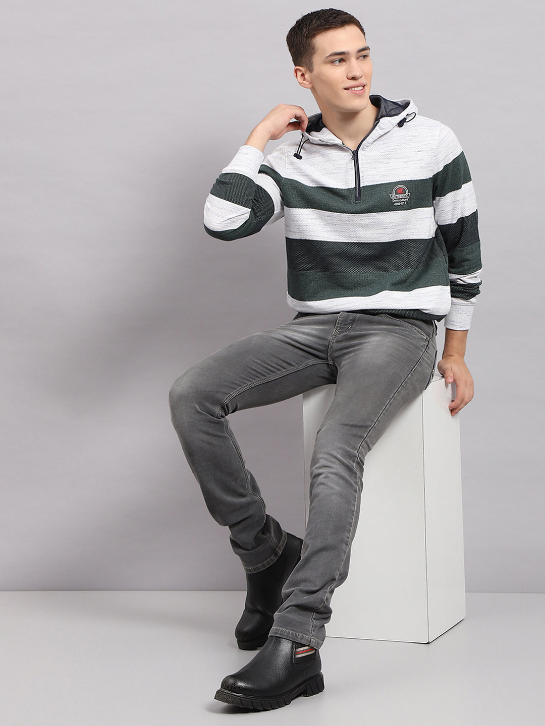 Men Green Stripe Hooded Full Sleeve Sweatshirt