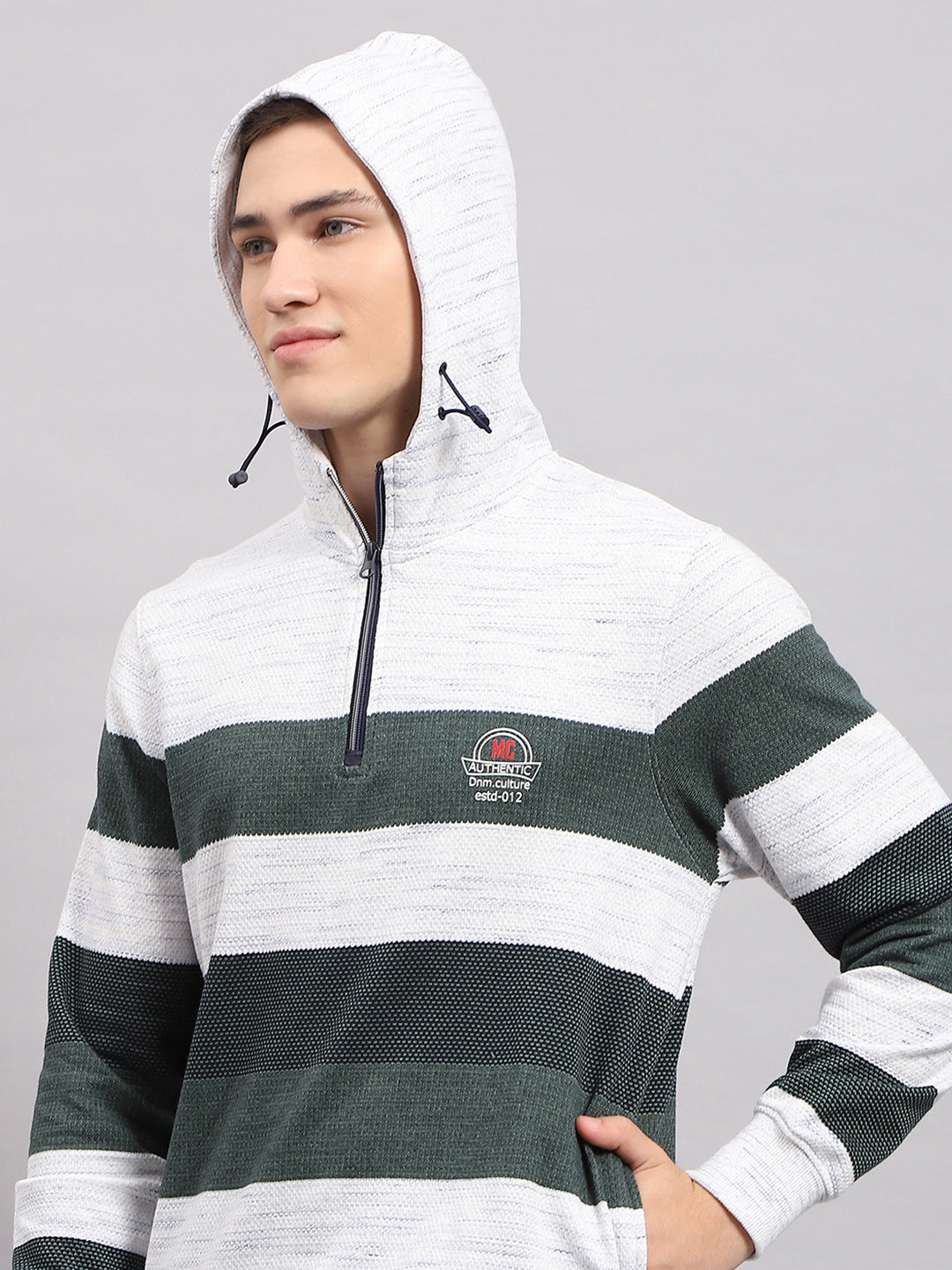 Men Green Stripe Hooded Full Sleeve Sweatshirt