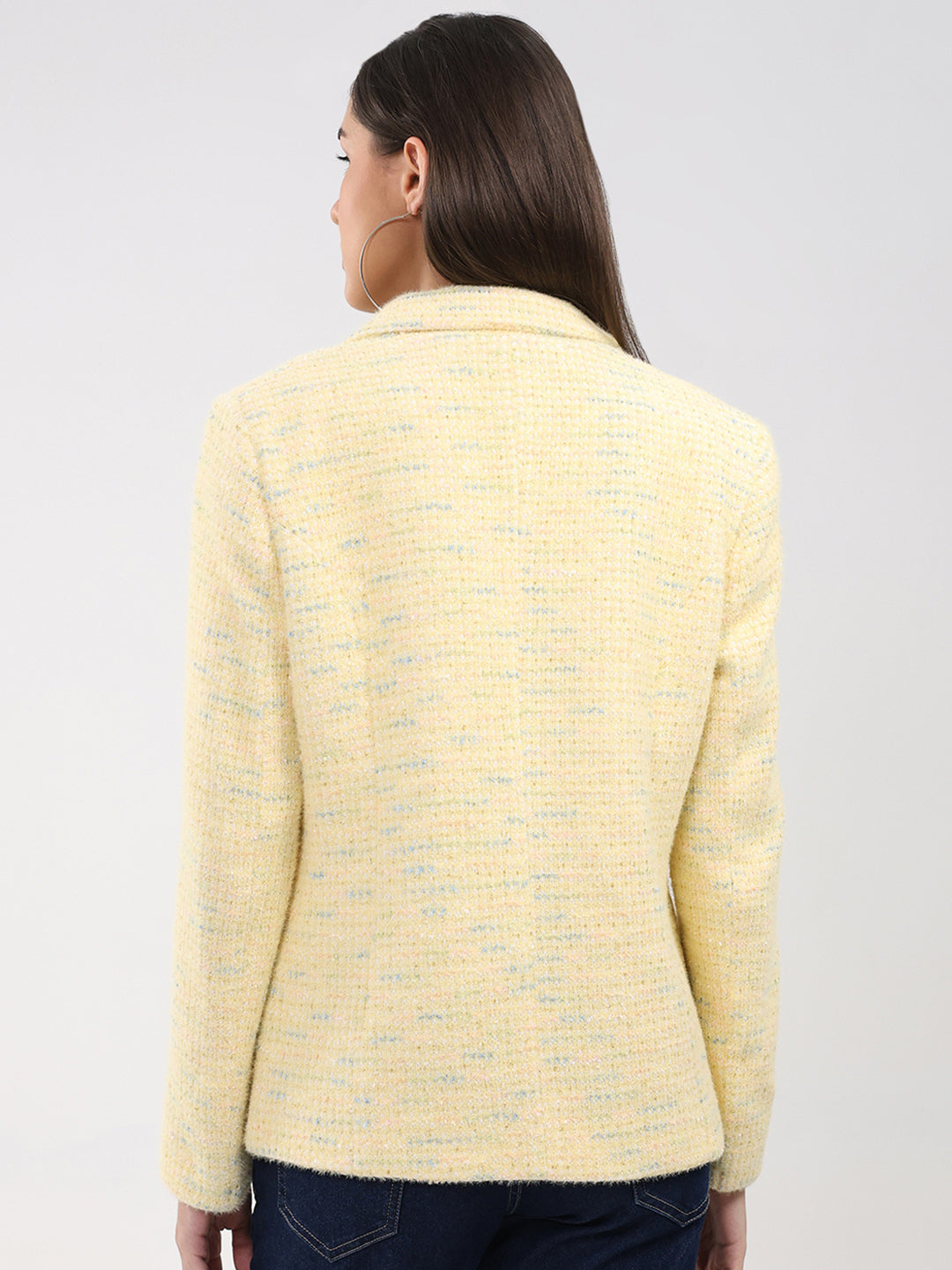 Women Yellow Self Design Notch Lapel Collar Full Sleeve Coat