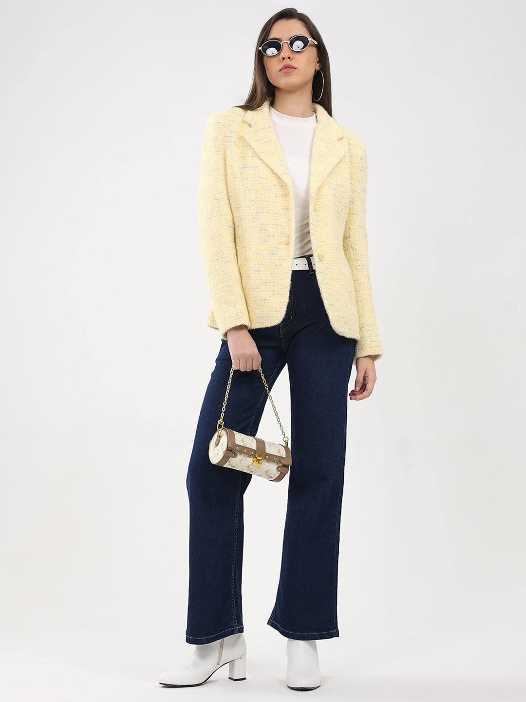 Women Yellow Self Design Notch Lapel Collar Full Sleeve Coat