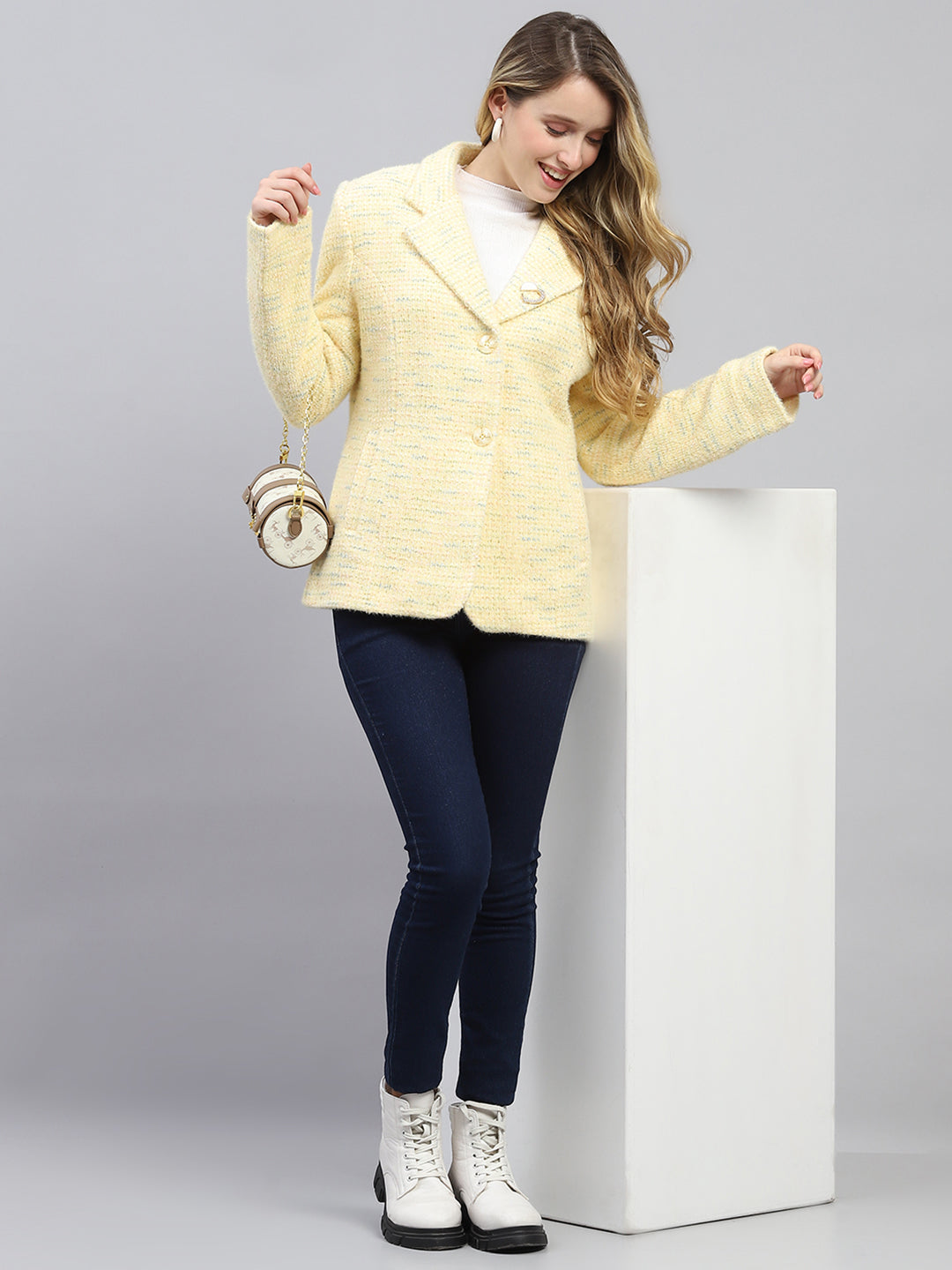 Women Mustard Self Design Collar Full Sleeve Coat