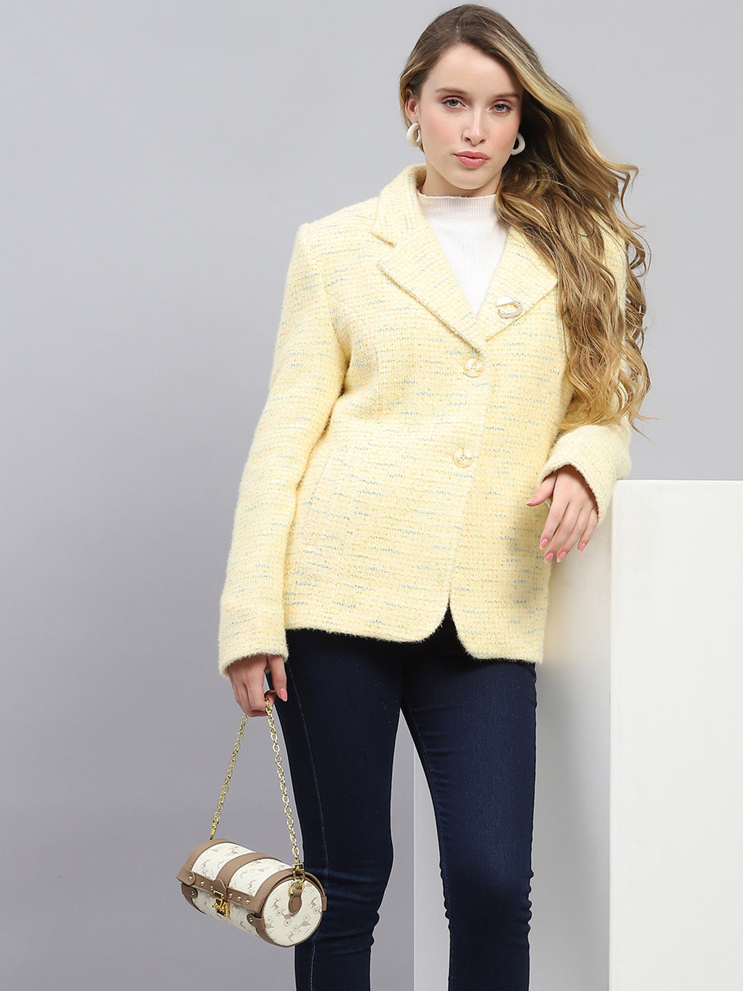 Women Mustard Self Design Collar Full Sleeve Coat