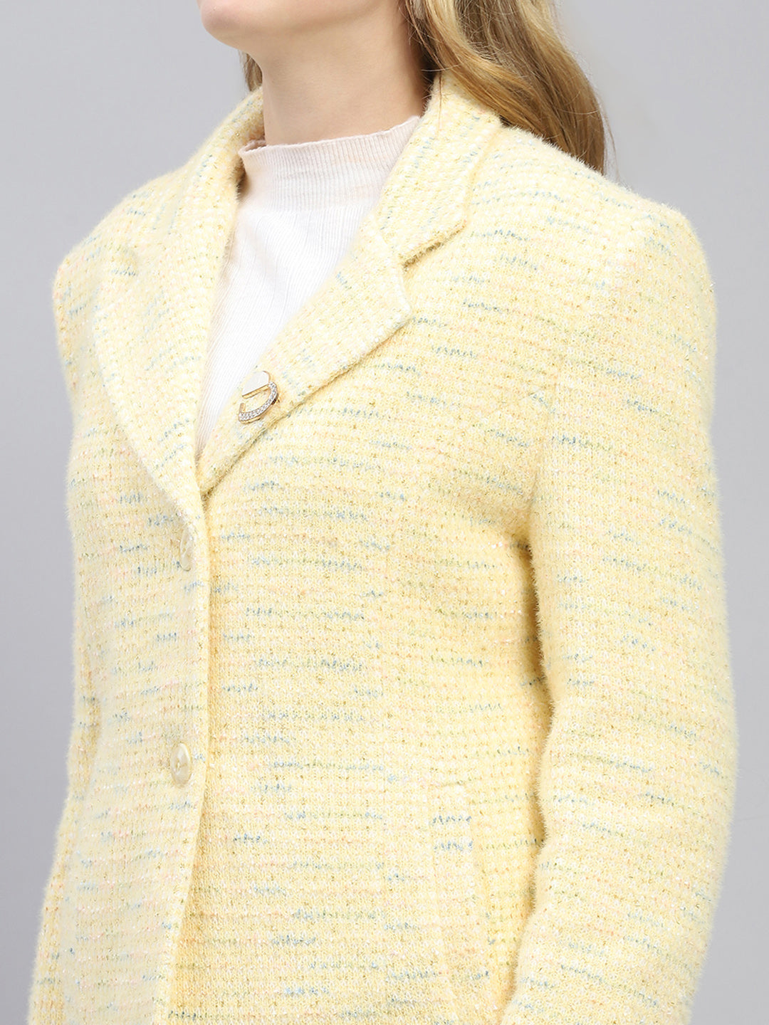 Women Mustard Self Design Collar Full Sleeve Coat