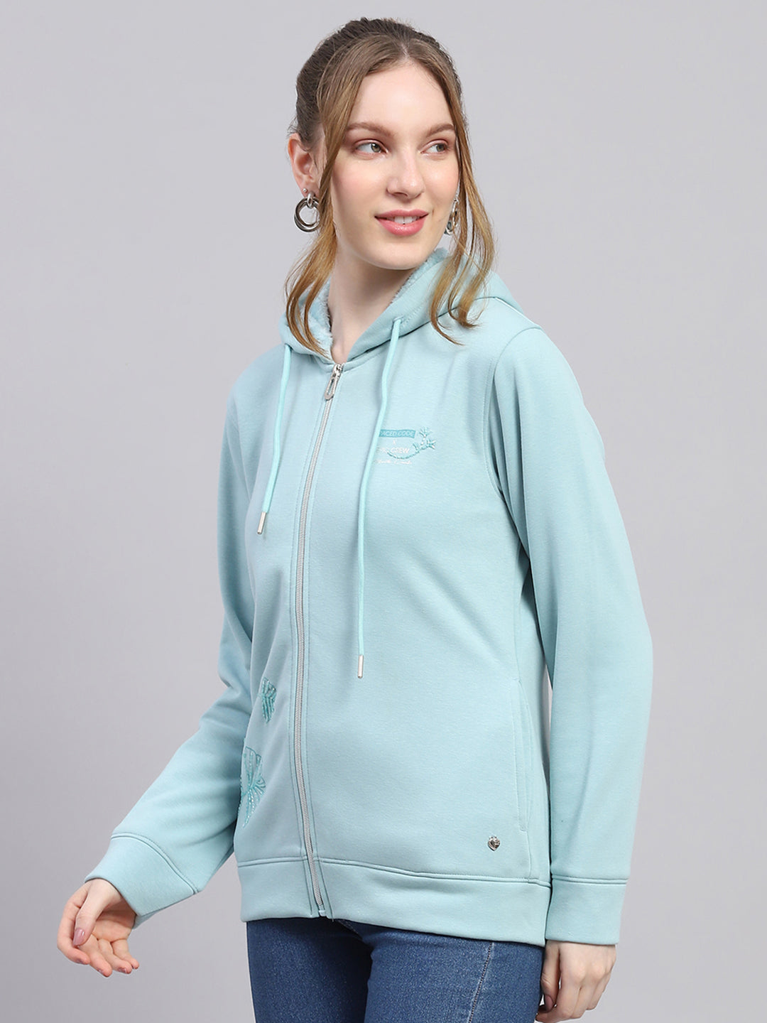Women Sky Blue Solid Hooded Full Sleeve Sweatshirt