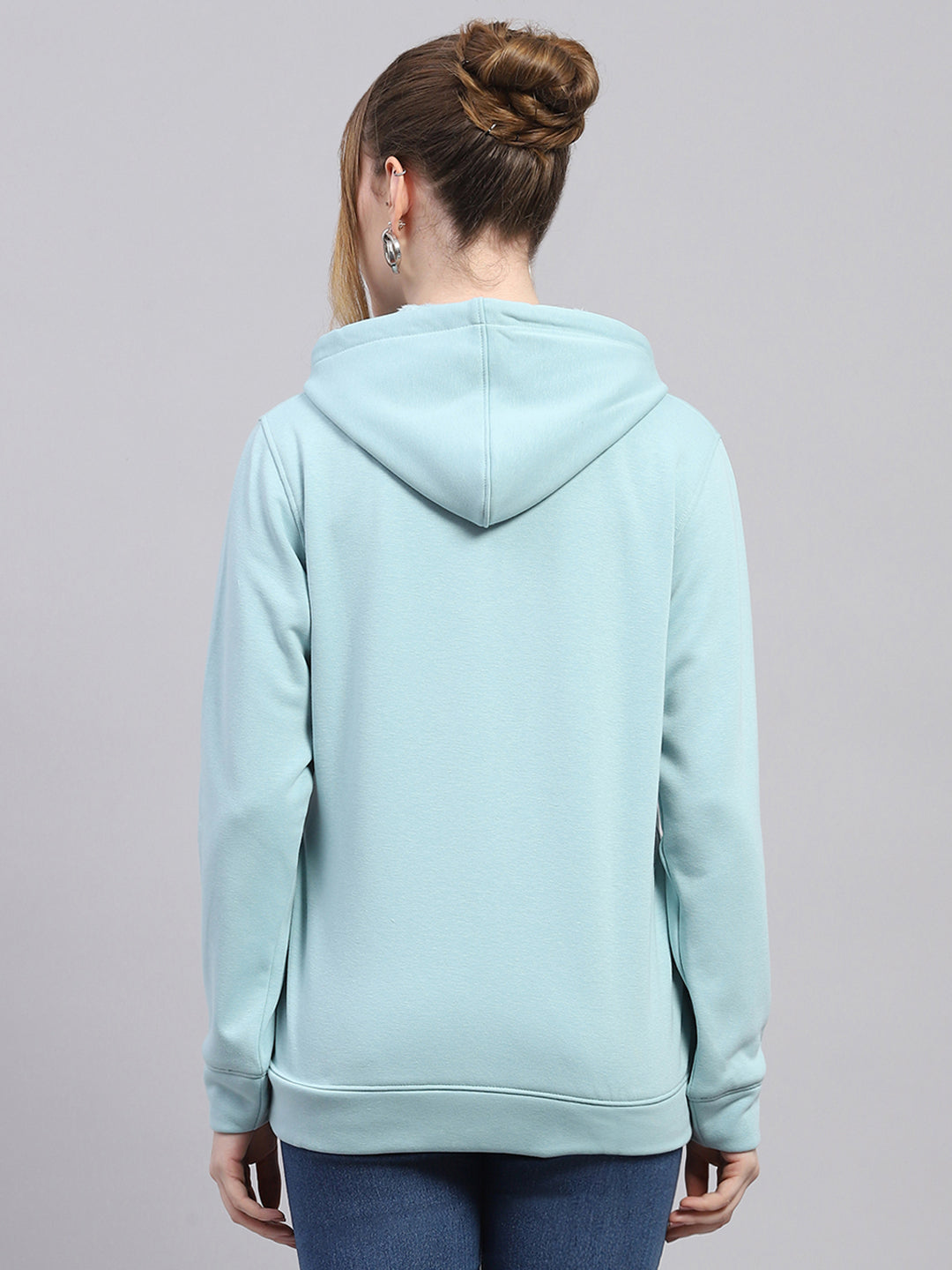 Women Sky Blue Solid Hooded Full Sleeve Sweatshirt