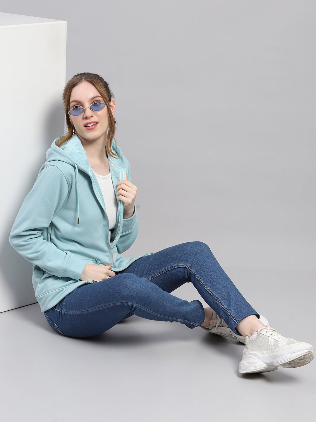 Women Sky Blue Solid Hooded Full Sleeve Sweatshirt