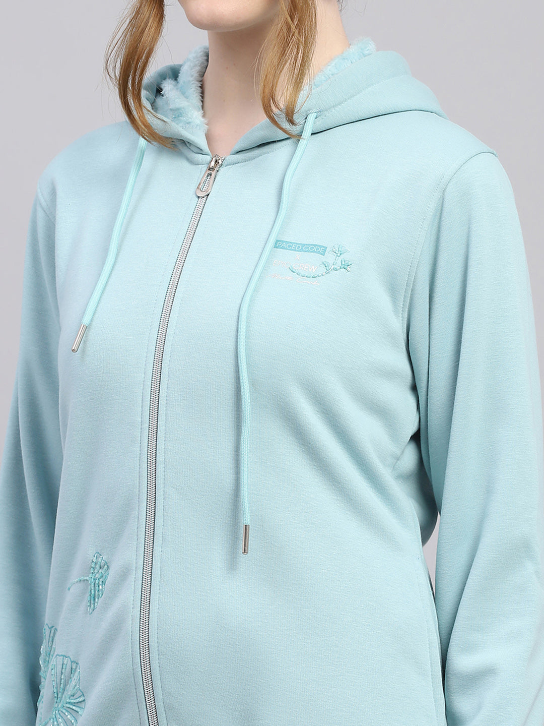 Women Sky Blue Solid Hooded Full Sleeve Sweatshirt