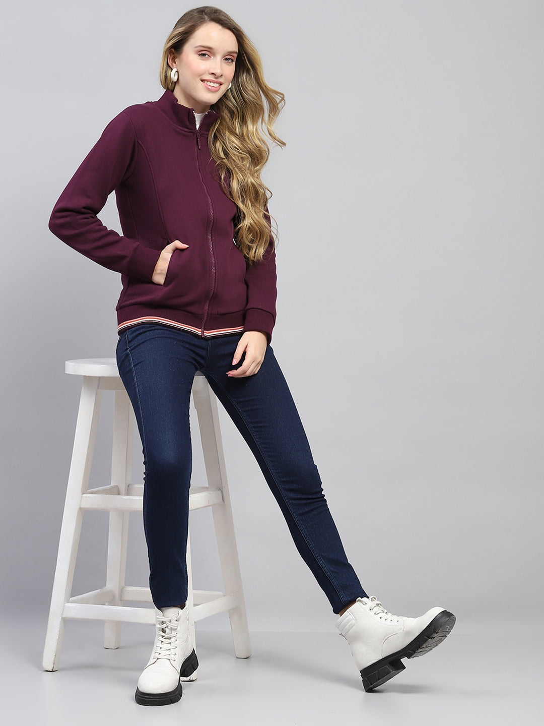 Women Maroon Solid Mock Neck Full Sleeve Sweatshirt
