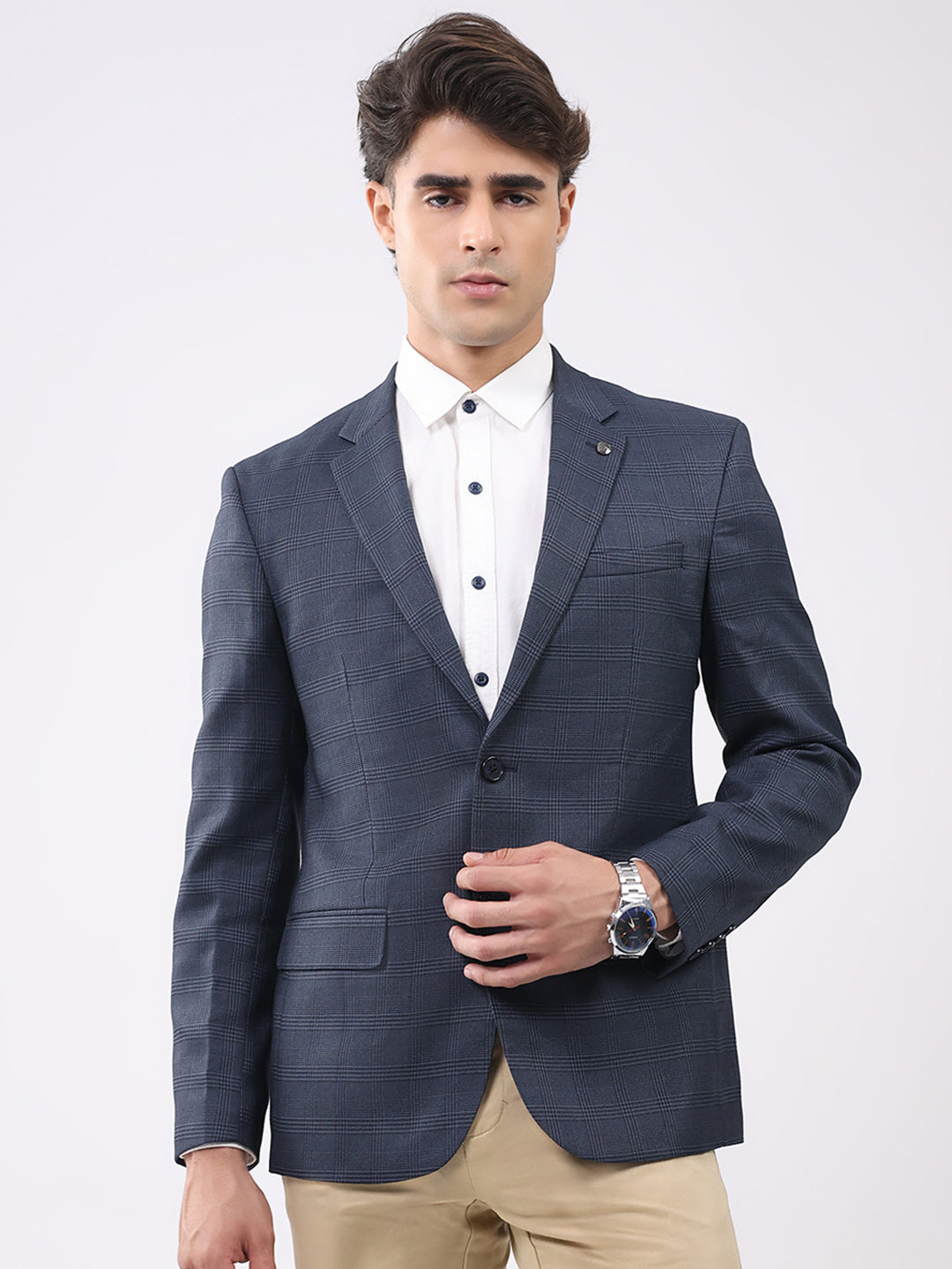 Men Grey Check Notch Lapel Collar Full Sleeve Coat