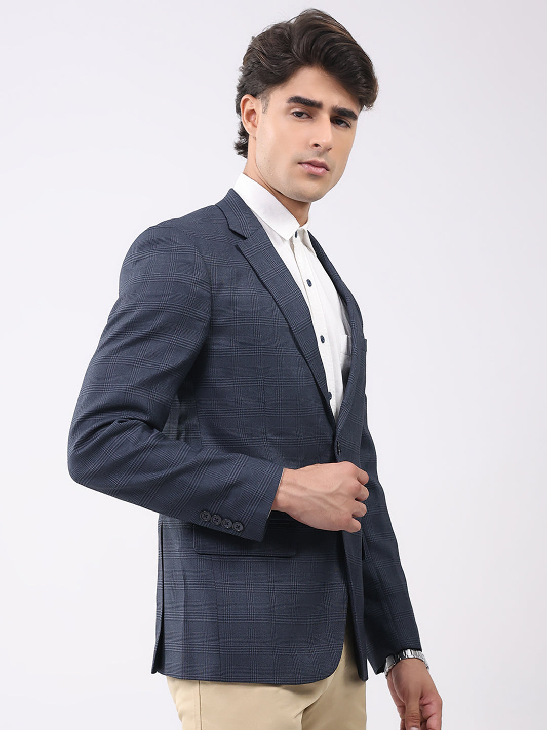 Men Grey Check Notch Lapel Collar Full Sleeve Coat