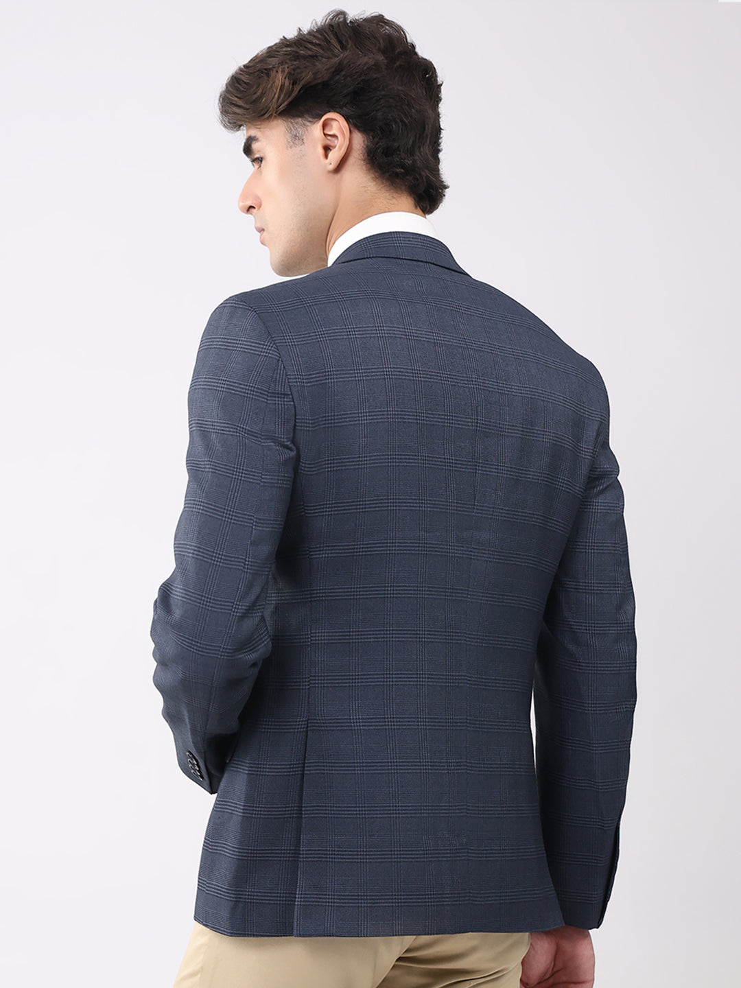 Men Grey Check Notch Lapel Collar Full Sleeve Coat