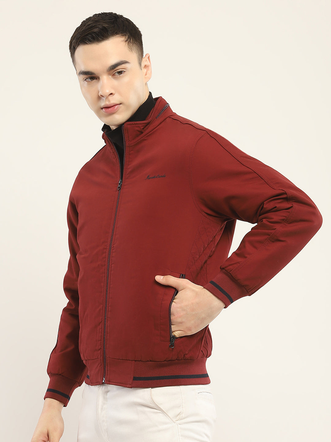 Men Rust Solid Mock Neck Full Sleeve Jacket